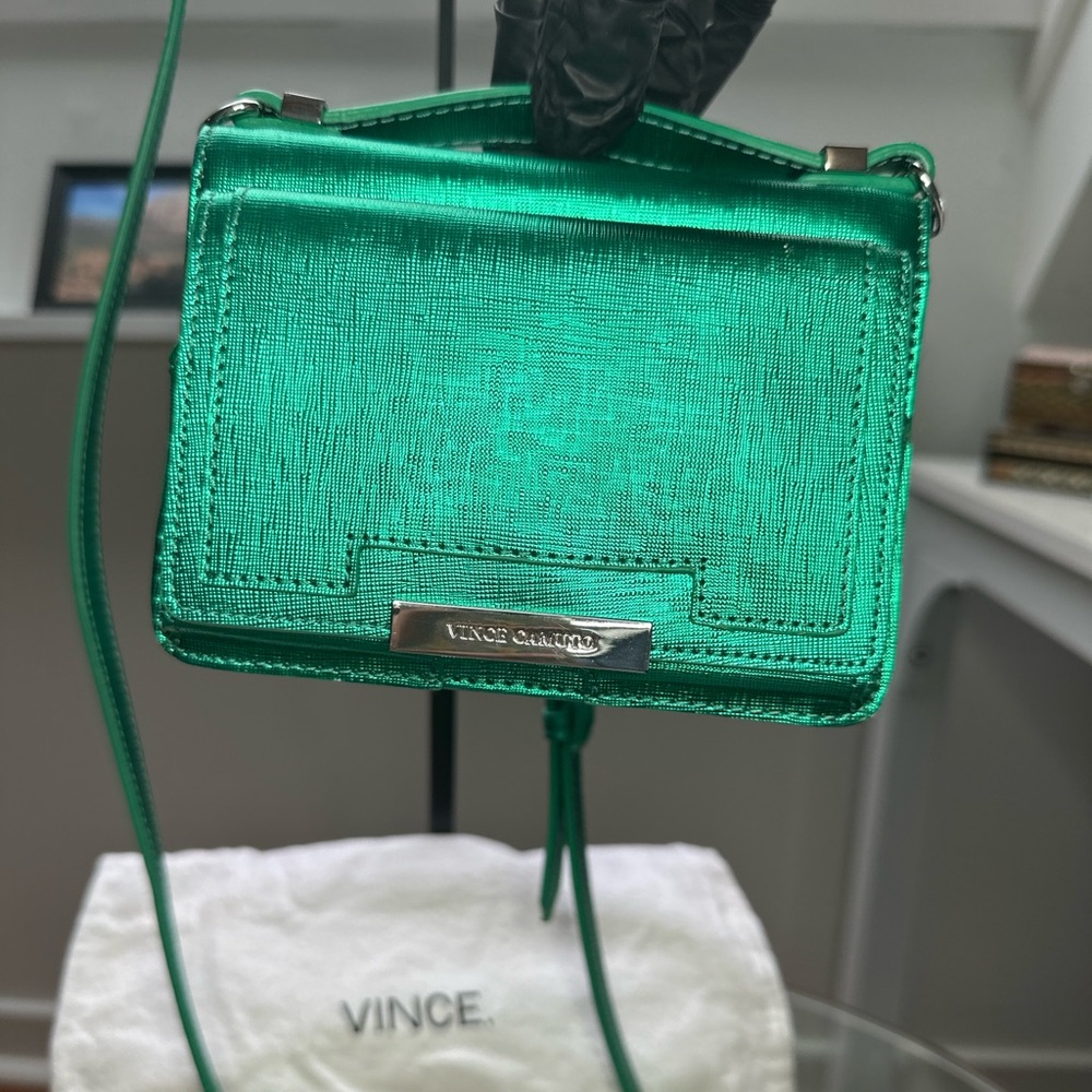 Vince Camuto Metallic Green Leather Crossbody bag with cardholders